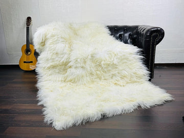 OFF WHITE Fluffy Real SHEEPSKIN Mongolian Fur Throw Blanket • Large Area Rug  • Ethically and Organically Wool Rug